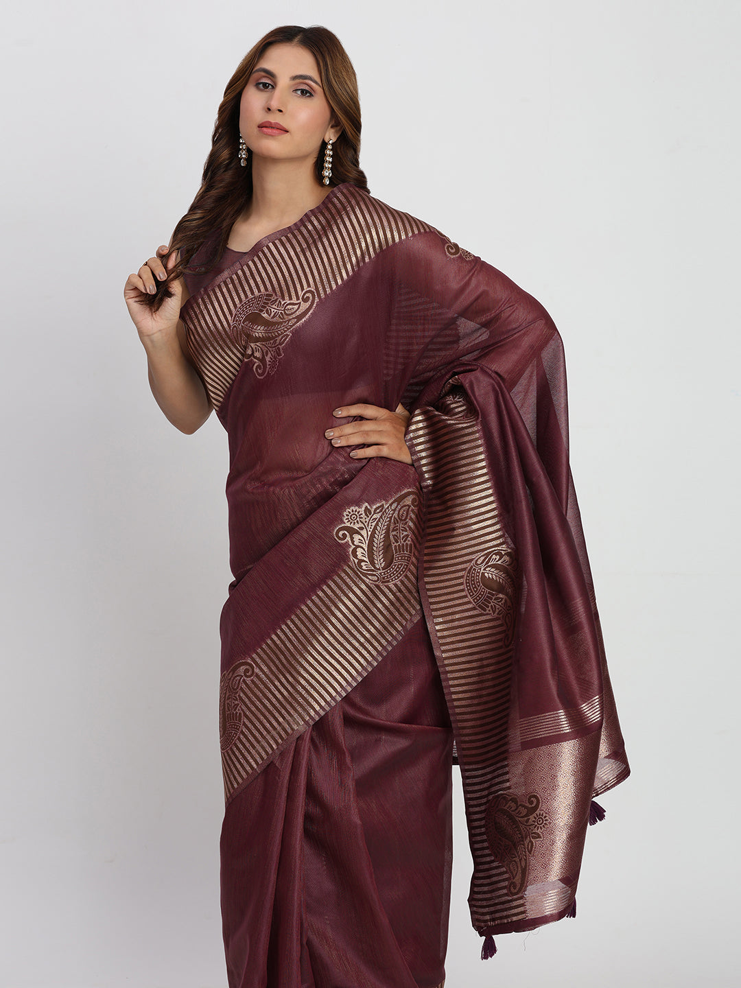Astita Premium Purple Linen Cotton Saree with Rich Golden Zari Motifs - Elegant Office & Festive Wear for Modern Women