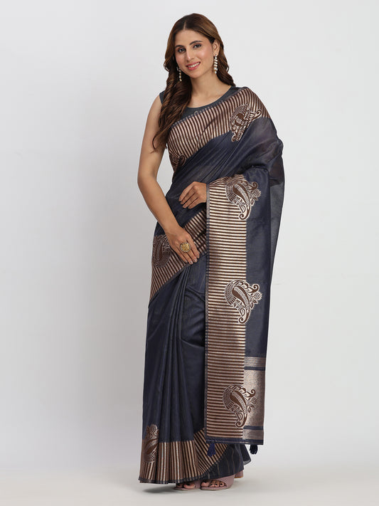 Astita Premium Navy Blue Linen Cotton Saree with Rich Golden Zari Motifs - Elegant Office & Festive Wear for Modern Women