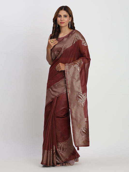 Astita Premium Maroon Linen Cotton Saree with Rich Golden Zari Motifs - Elegant Office & Festive Wear for Modern Women