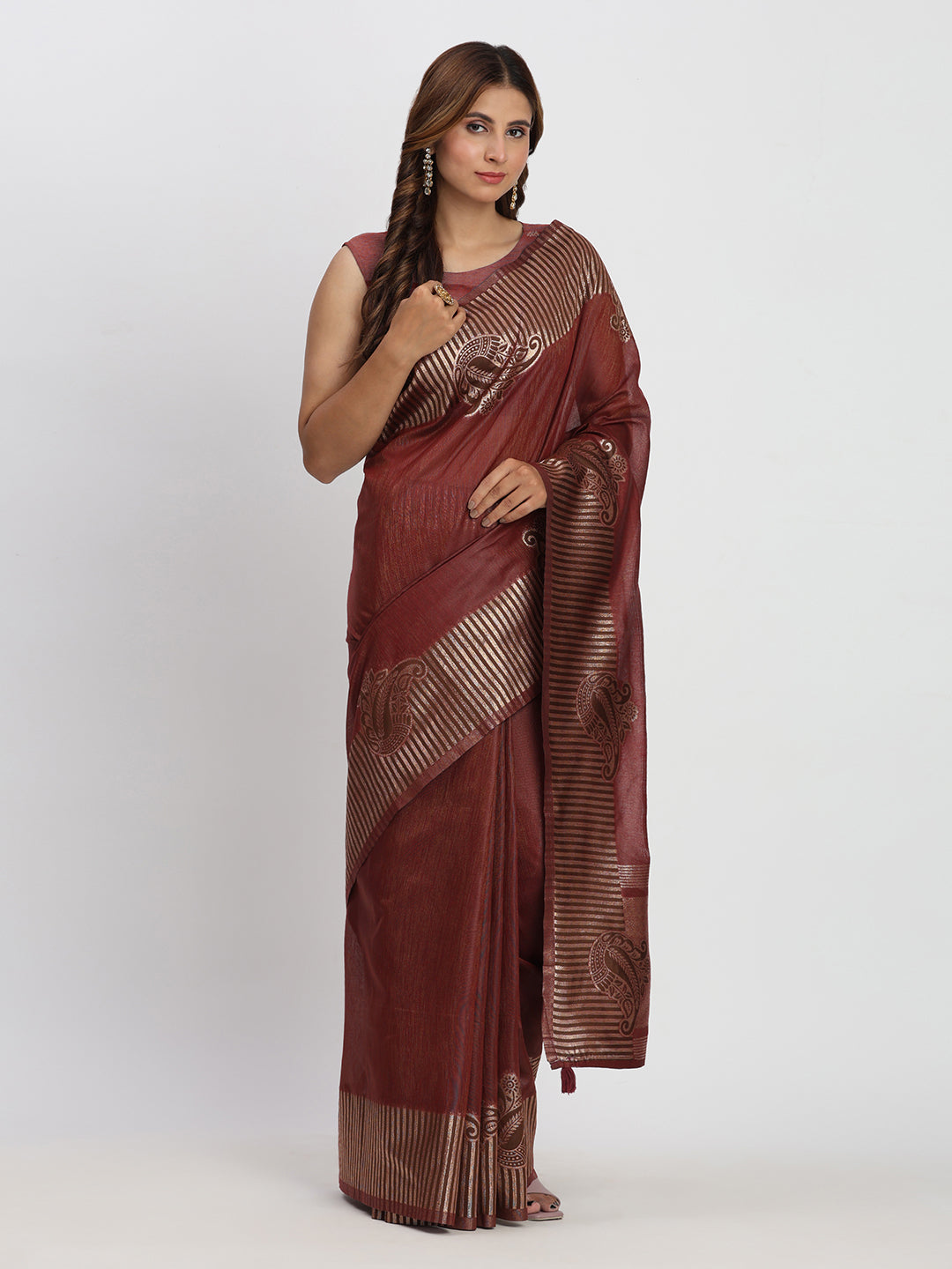 Astita Premium Maroon Linen Cotton Saree with Rich Golden Zari Motifs - Elegant Office & Festive Wear for Modern Women