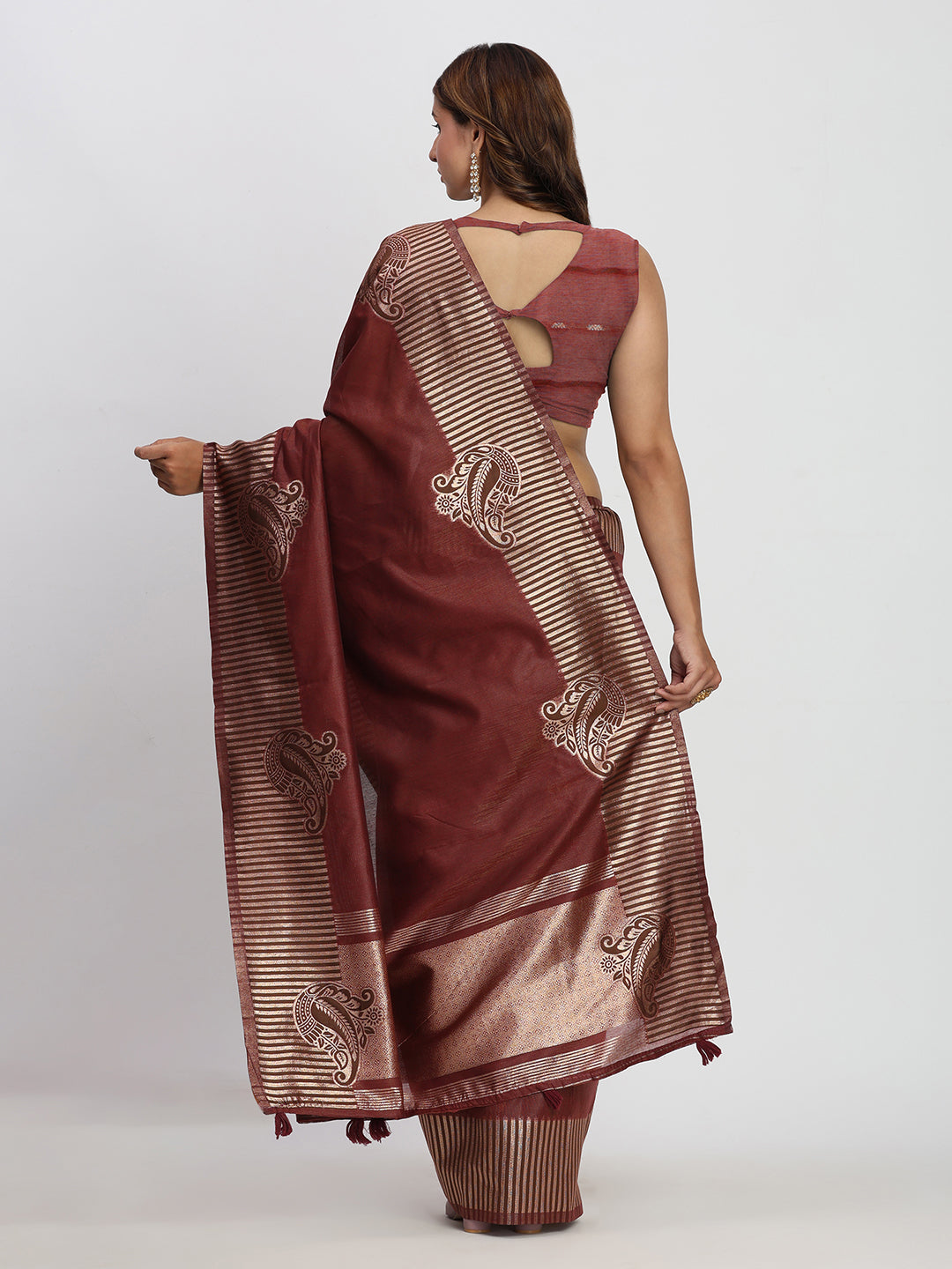 Astita Premium Maroon Linen Cotton Saree with Rich Golden Zari Motifs - Elegant Office & Festive Wear for Modern Women