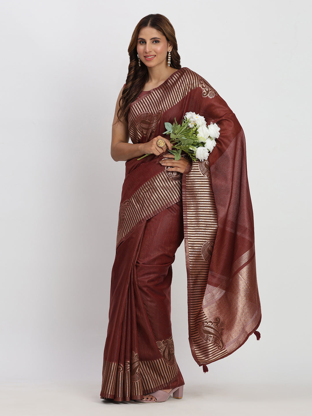 Astita Premium Maroon Linen Cotton Saree with Rich Golden Zari Motifs - Elegant Office & Festive Wear for Modern Women
