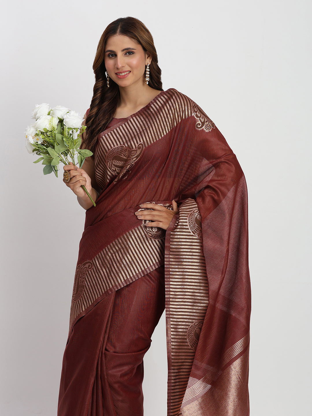 Astita Premium Maroon Linen Cotton Saree with Rich Golden Zari Motifs - Elegant Office & Festive Wear for Modern Women
