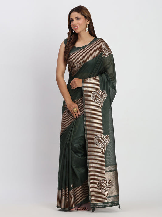 Astita Premium Dark Green Linen Cotton Saree with Rich Golden Zari Motifs - Elegant Office & Festive Wear for Modern Women