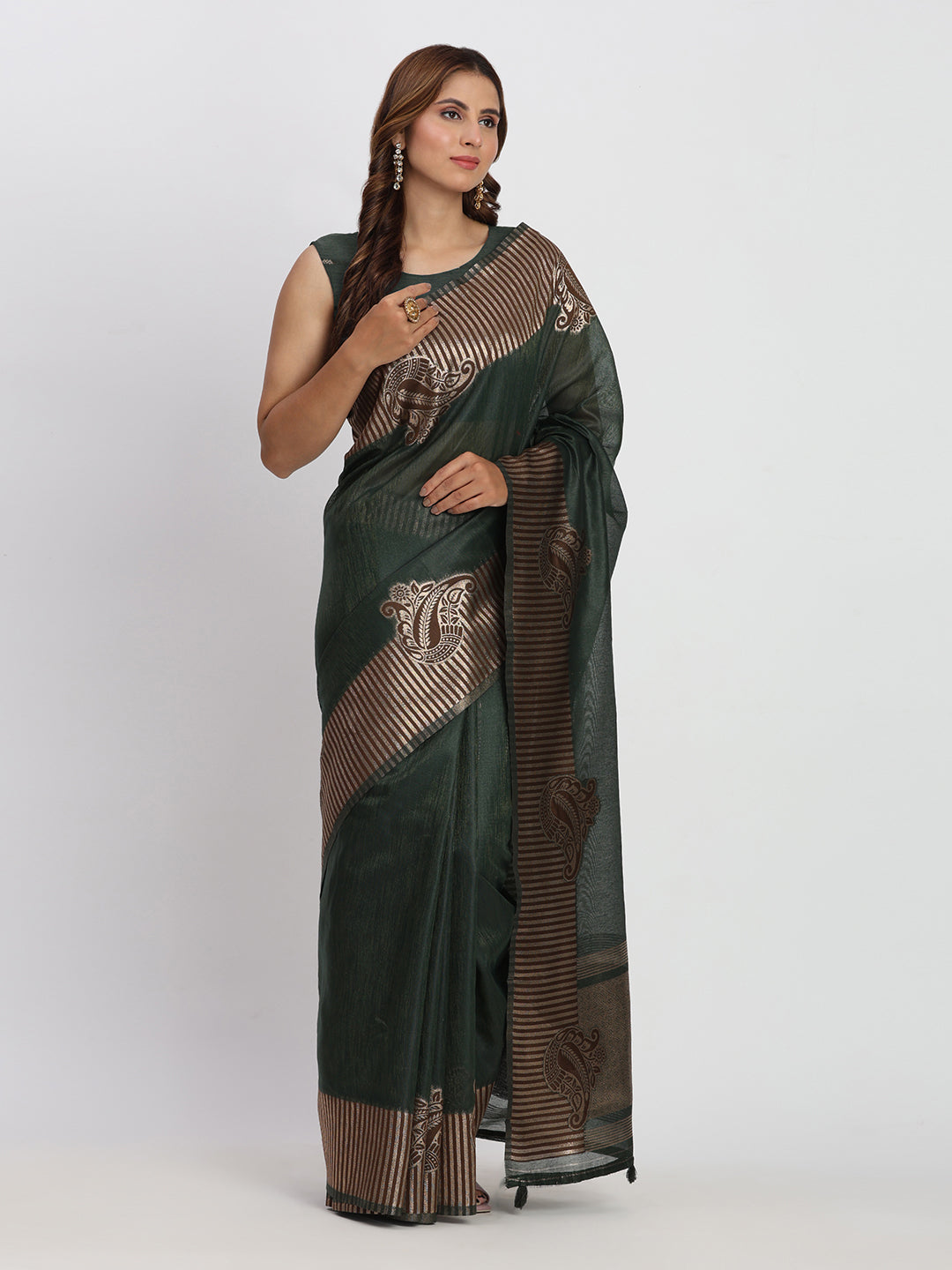 Astita Premium Dark Green Linen Cotton Saree with Rich Golden Zari Motifs - Elegant Office & Festive Wear for Modern Women