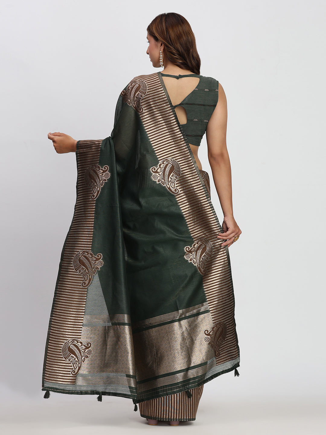 Astita Premium Dark Green Linen Cotton Saree with Rich Golden Zari Motifs - Elegant Office & Festive Wear for Modern Women