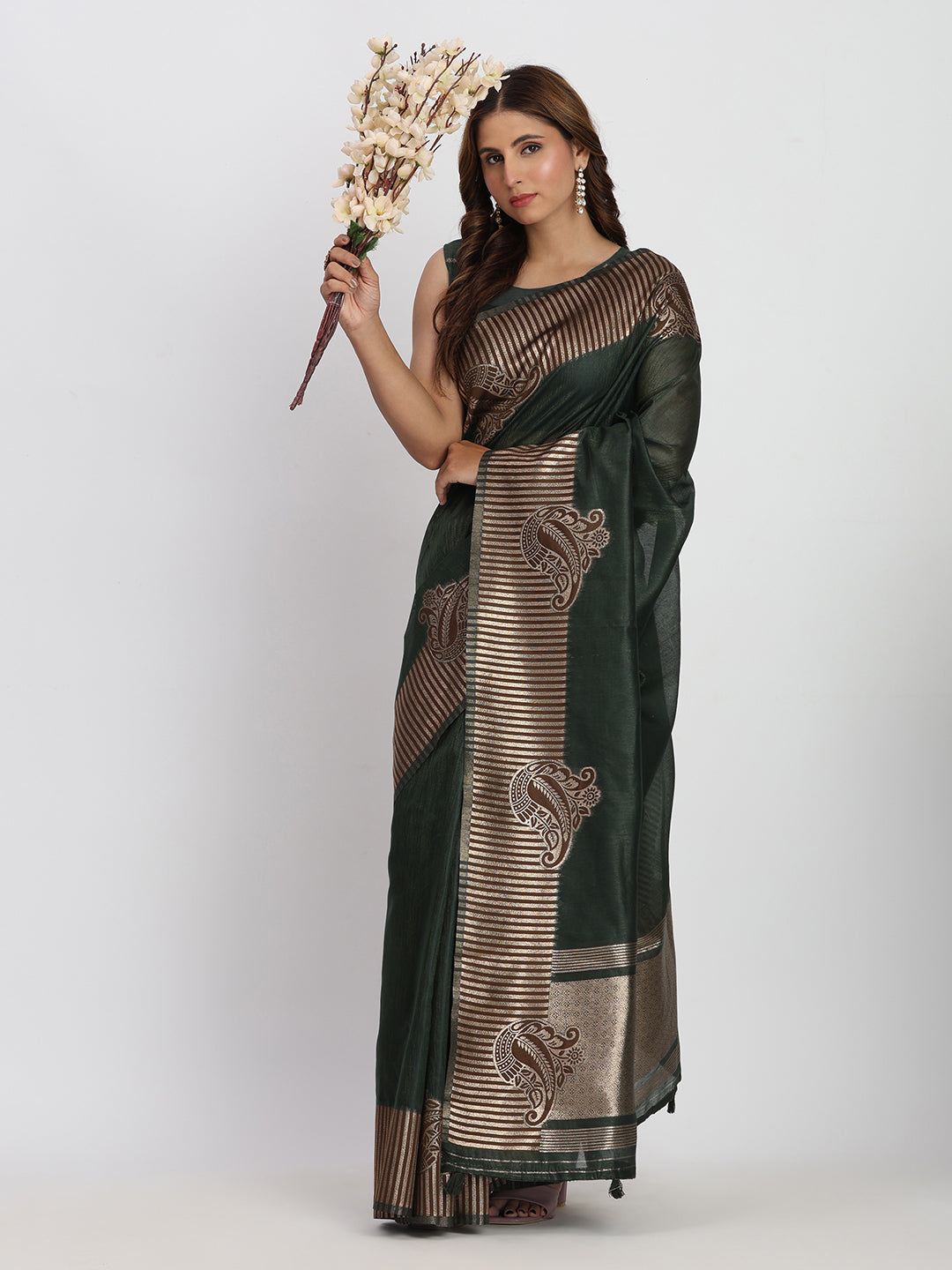 Astita Premium Dark Green Linen Cotton Saree with Rich Golden Zari Motifs - Elegant Office & Festive Wear for Modern Women