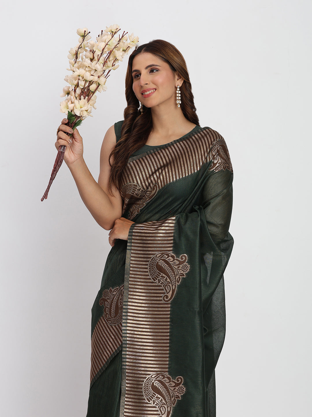 Astita Premium Dark Green Linen Cotton Saree with Rich Golden Zari Motifs - Elegant Office & Festive Wear for Modern Women