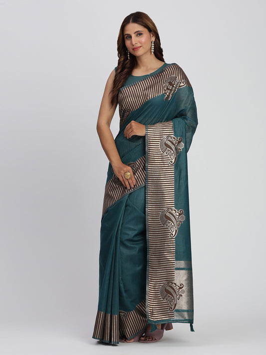 Astita Premium Sea Green Linen Cotton Saree with Rich Golden Zari Motifs - Elegant Office & Festive Wear for Modern Women
