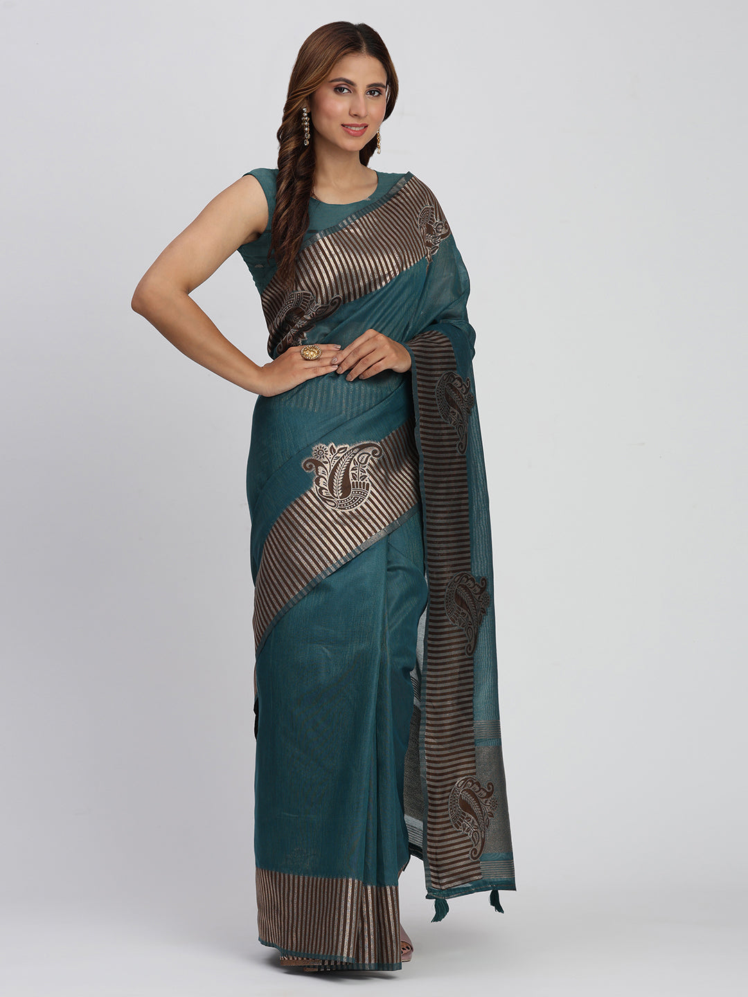 Astita Premium Sea Green Linen Cotton Saree with Rich Golden Zari Motifs - Elegant Office & Festive Wear for Modern Women