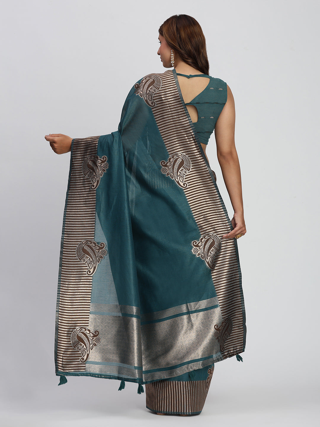 Astita Premium Sea Green Linen Cotton Saree with Rich Golden Zari Motifs - Elegant Office & Festive Wear for Modern Women