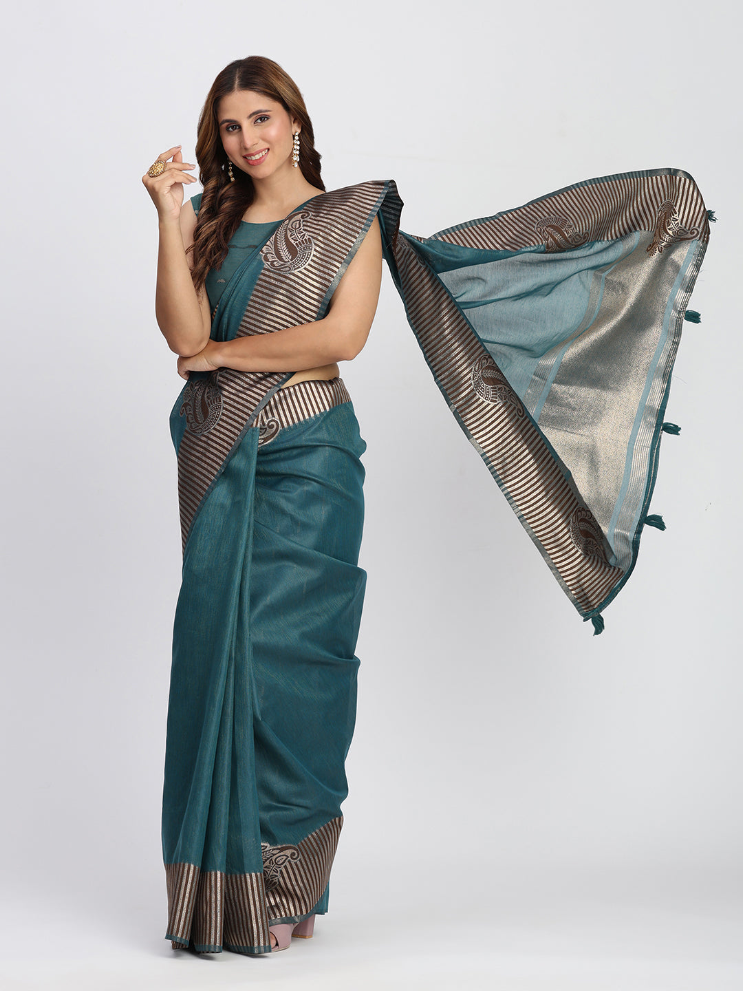 Astita Premium Sea Green Linen Cotton Saree with Rich Golden Zari Motifs - Elegant Office & Festive Wear for Modern Women