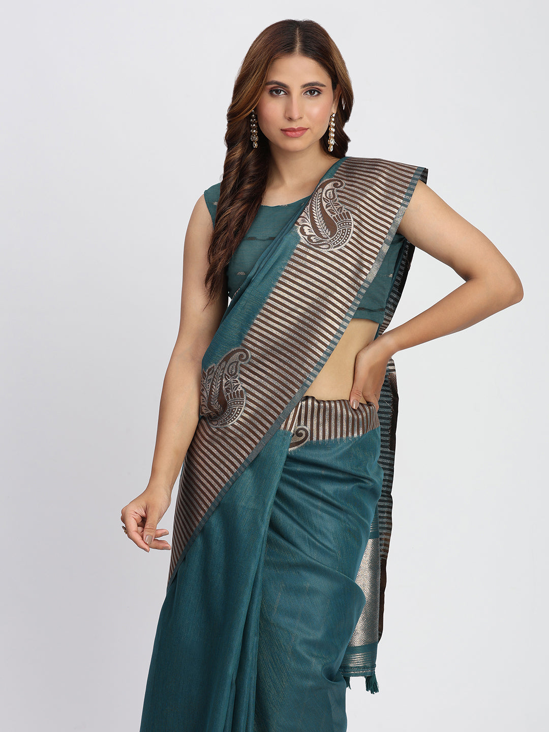 Astita Premium Sea Green Linen Cotton Saree with Rich Golden Zari Motifs - Elegant Office & Festive Wear for Modern Women