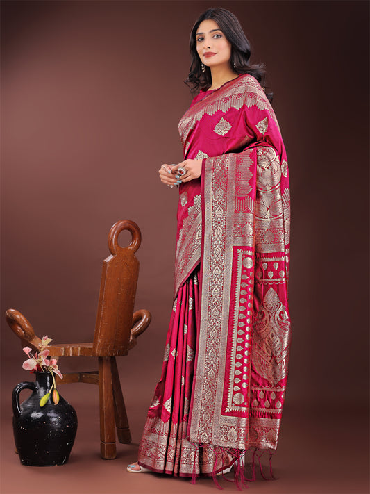 Astita Graceful Magenta Banarasi Silk Saree with Silver Zari – Perfect Ethnic Wear for Weddings & Festive Moments