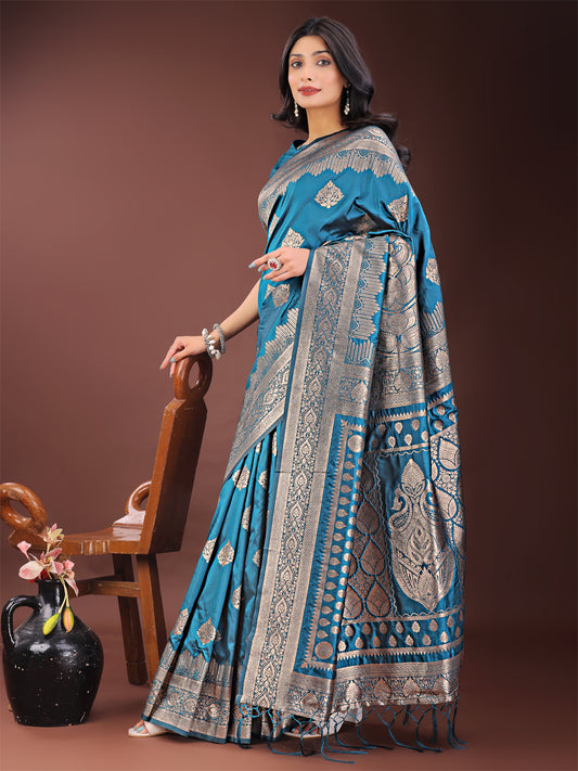 Astita Graceful Teal Banarasi Silk Saree with Silver Zari – Perfect Ethnic Wear for Weddings & Festive Moments