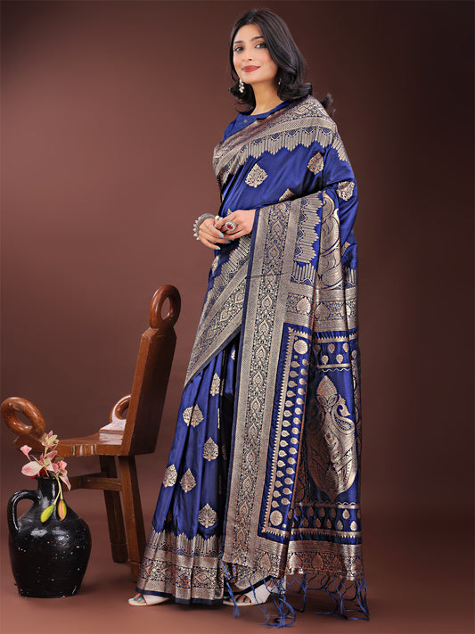 Astita Graceful Navy Blue Banarasi Silk Saree with Silver Zari – Perfect Ethnic Wear for Weddings & Festive Moments