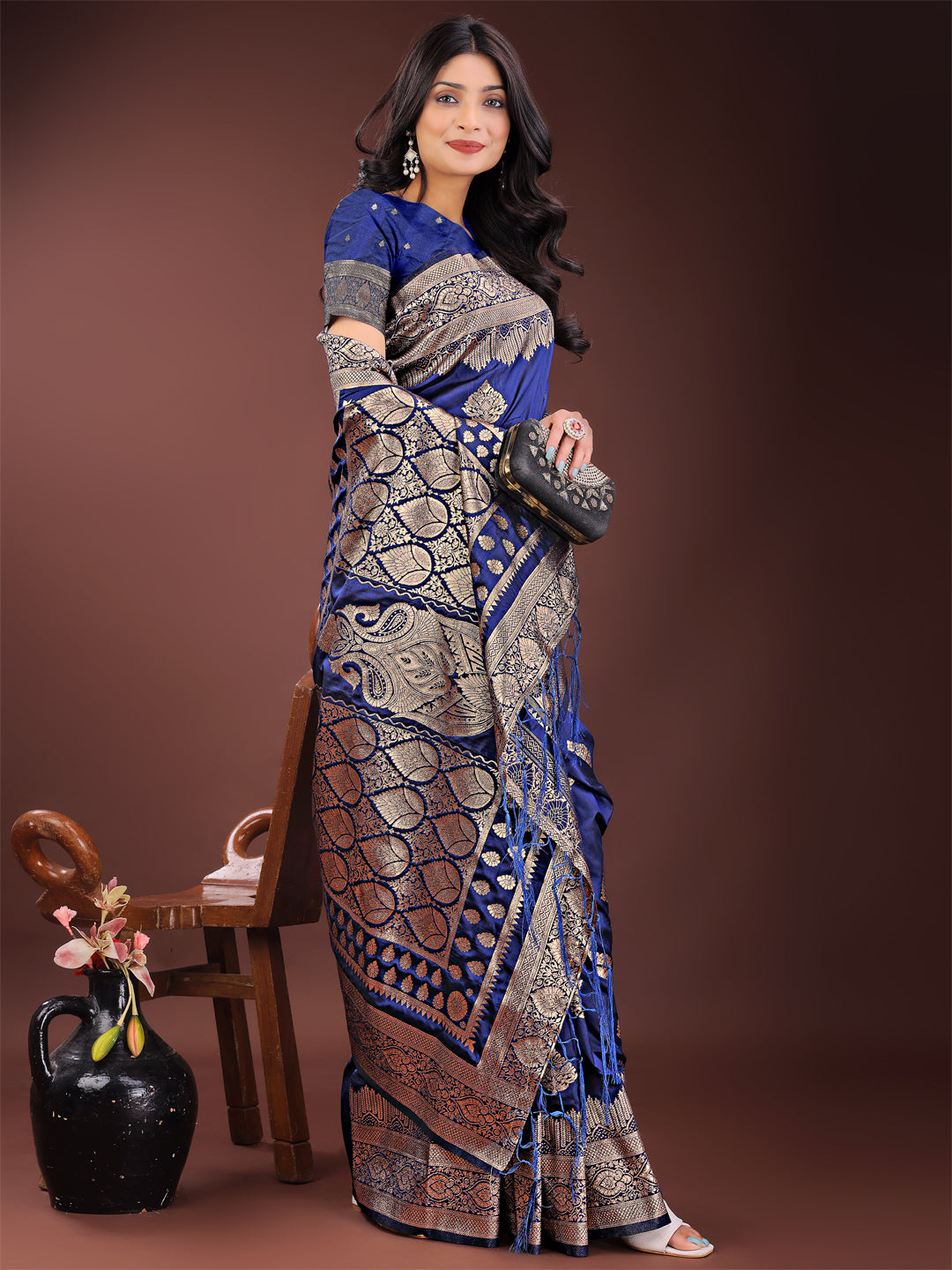 Astita Graceful Navy Blue Banarasi Silk Saree with Silver Zari – Perfect Ethnic Wear for Weddings & Festive Moments