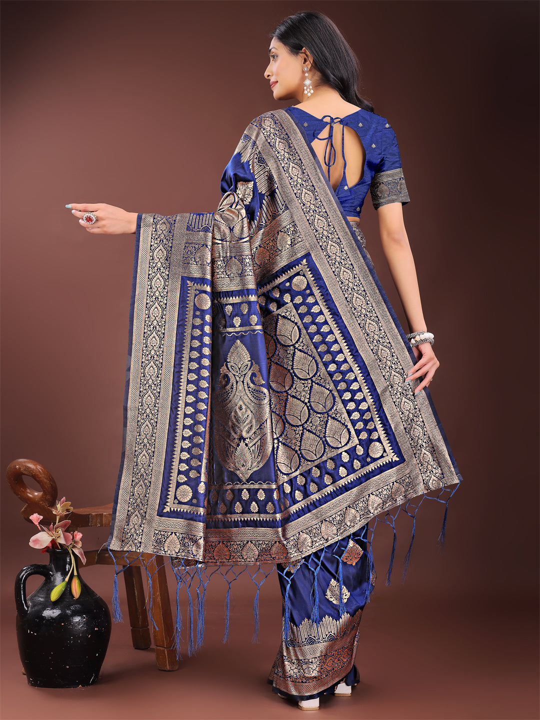 Astita Graceful Navy Blue Banarasi Silk Saree with Silver Zari – Perfect Ethnic Wear for Weddings & Festive Moments