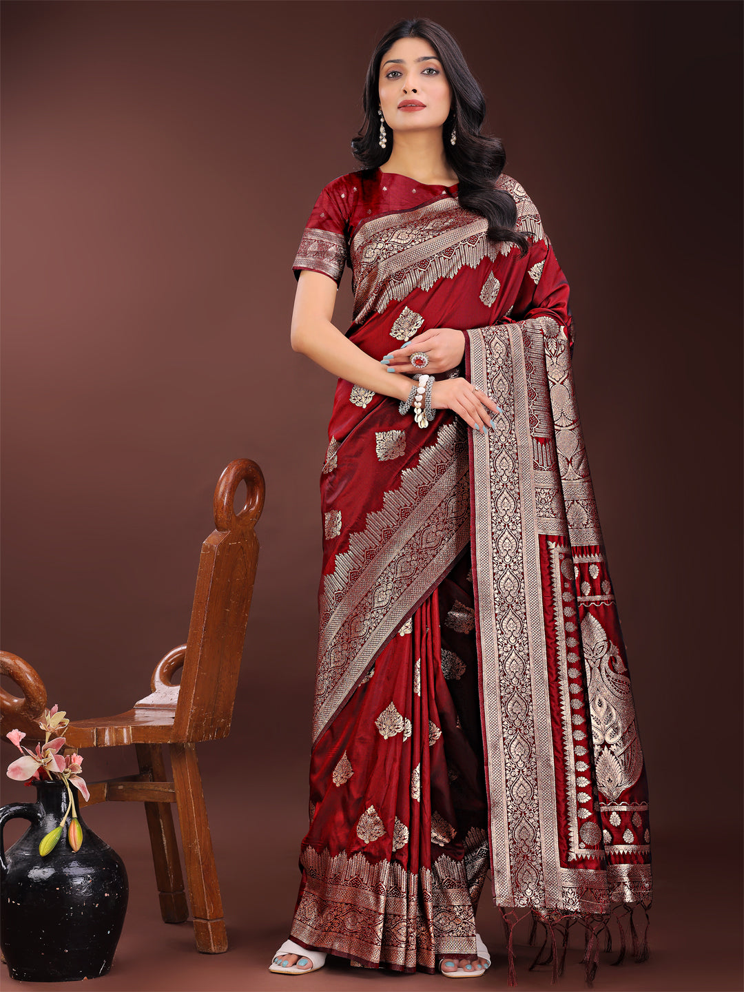 Astita Graceful Maroon Banarasi Silk Saree with Silver Zari – Perfect Ethnic Wear for Weddings & Festive Moments
