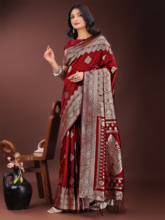 Astita Graceful Maroon Banarasi Silk Saree with Silver Zari – Perfect Ethnic Wear for Weddings & Festive Moments