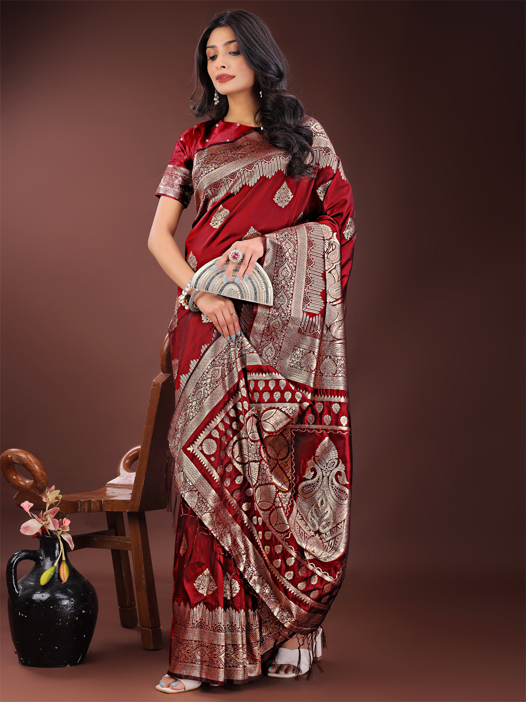Astita Graceful Maroon Banarasi Silk Saree with Silver Zari – Perfect Ethnic Wear for Weddings & Festive Moments