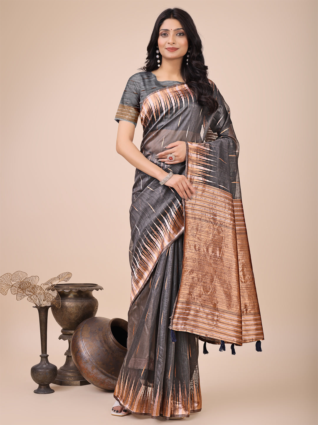 Premium Charcoal Black Linen Cotton Saree with Copper Zari Pallu & Abstract Print โ Office & Festive Wear