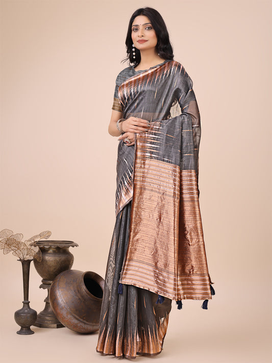 Premium Charcoal Black Linen Cotton Saree with Copper Zari Pallu & Abstract Print – Office & Festive Wear