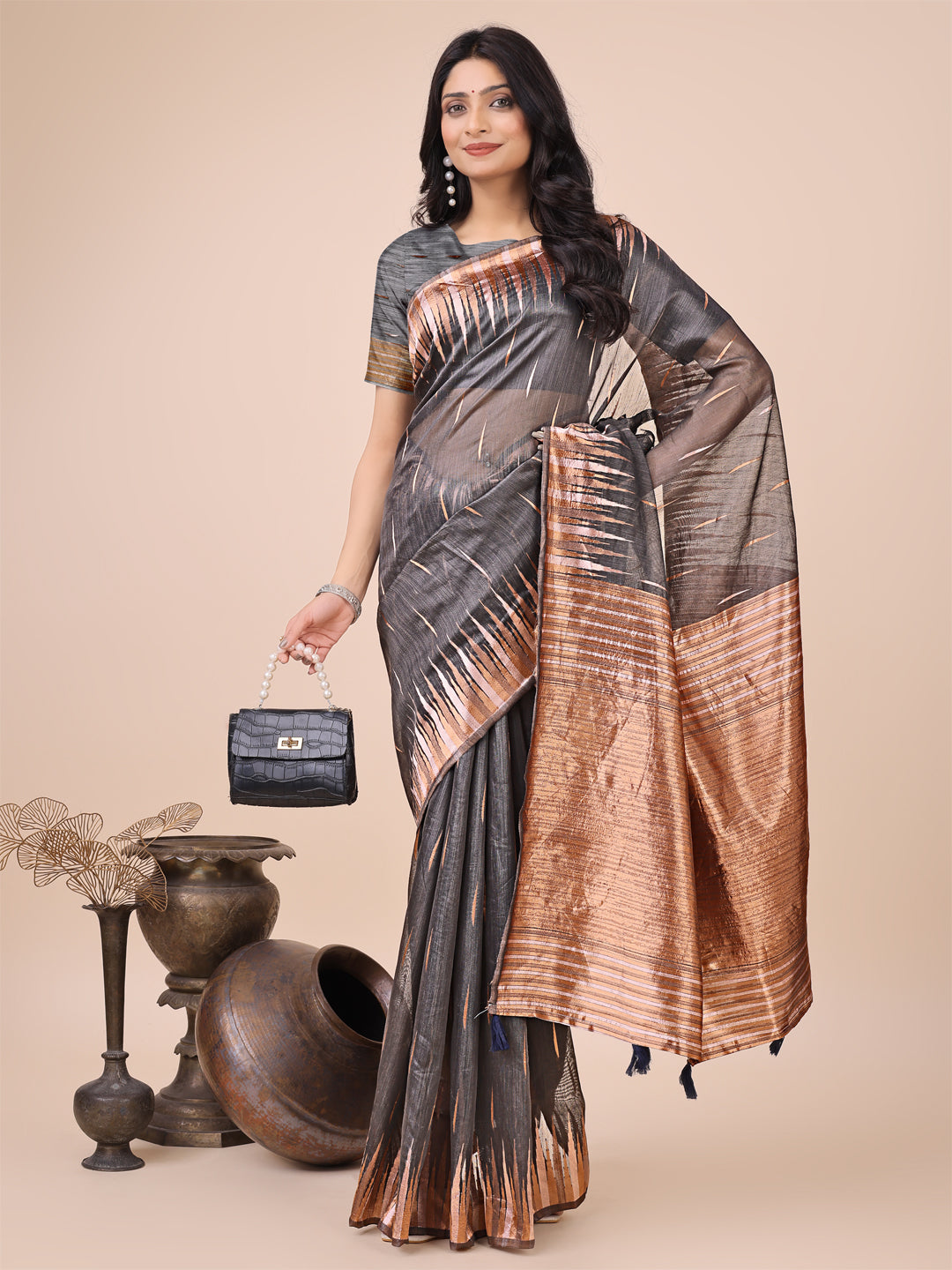 Premium Charcoal Black Linen Cotton Saree with Copper Zari Pallu & Abstract Print โ Office & Festive Wear