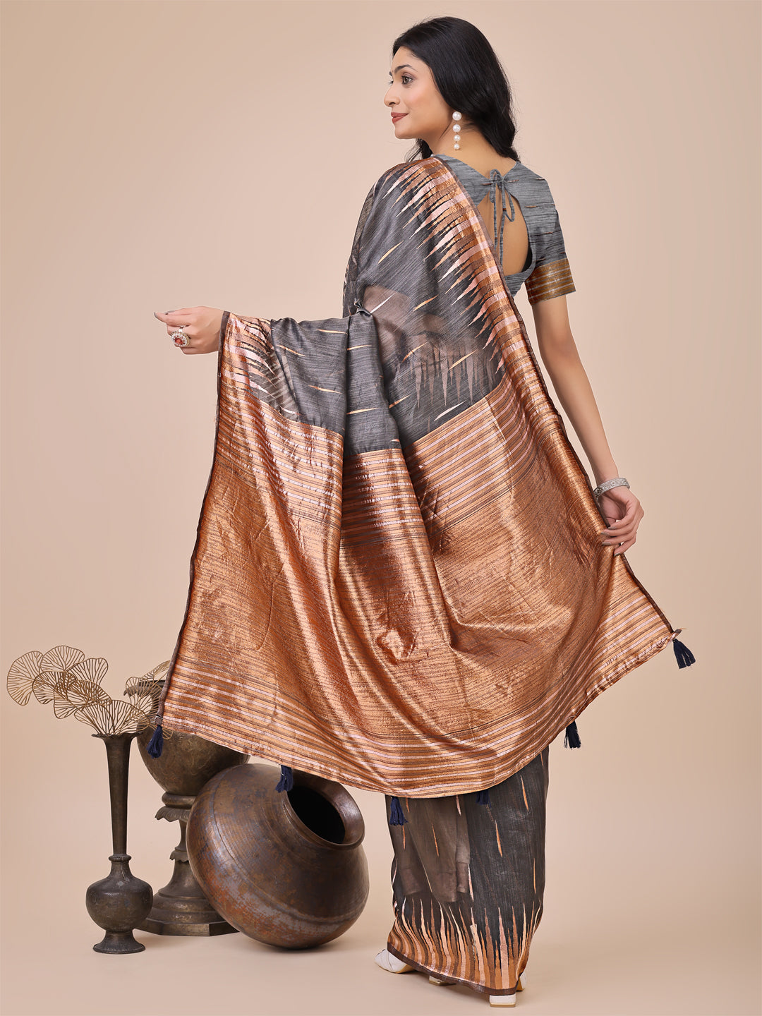 Premium Charcoal Black Linen Cotton Saree with Copper Zari Pallu & Abstract Print โ Office & Festive Wear