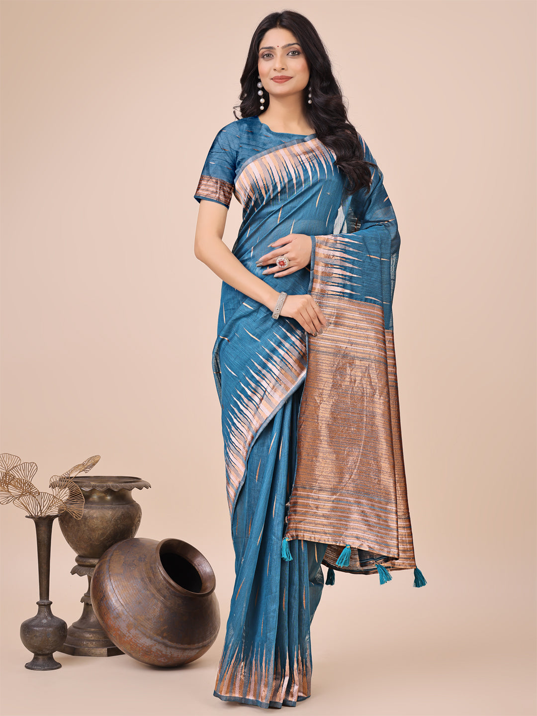 Elegant Blue Linen Cotton Saree with Copper Zari Pallu and Artistic Brush Pattern โ Festive & Formal Wear