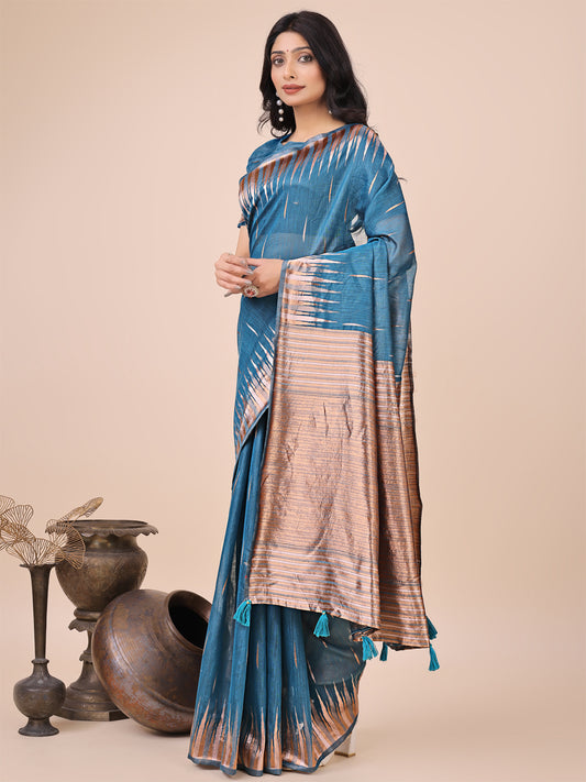 Elegant Blue Linen Cotton Saree with Copper Zari Pallu and Artistic Brush Pattern – Festive & Formal Wear