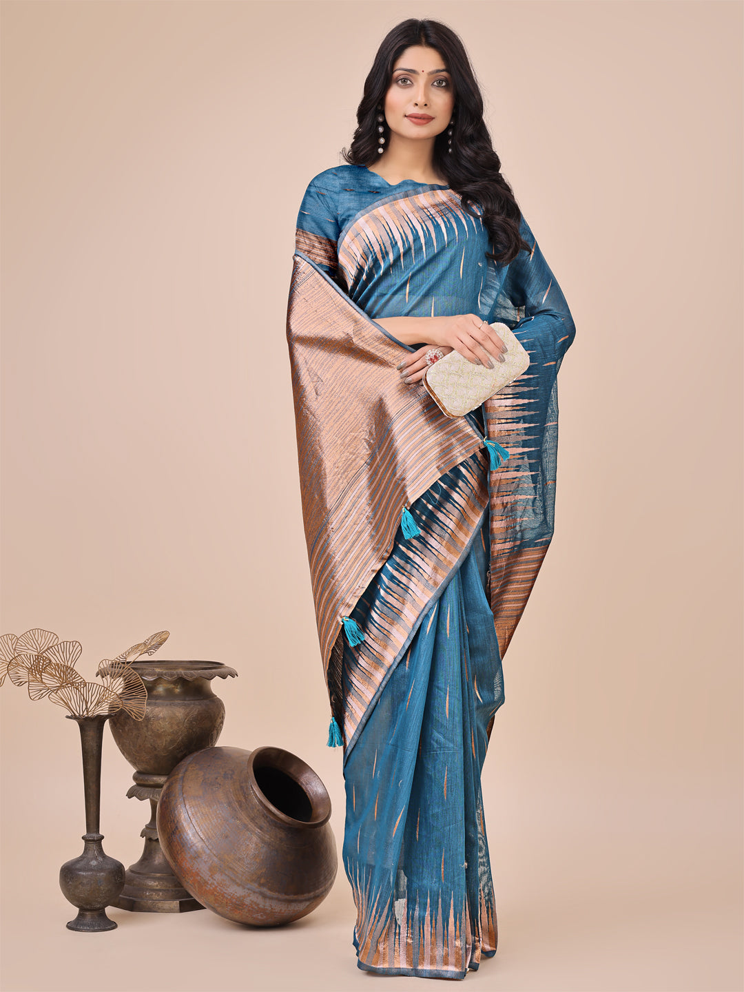 Elegant Blue Linen Cotton Saree with Copper Zari Pallu and Artistic Brush Pattern โ Festive & Formal Wear