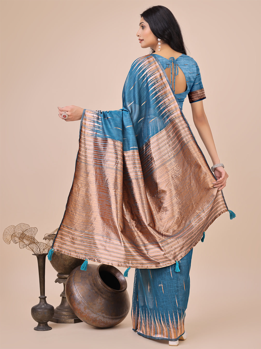 Elegant Blue Linen Cotton Saree with Copper Zari Pallu and Artistic Brush Pattern โ Festive & Formal Wear