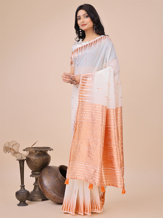Elegant White Linen Cotton Saree with Copper Zari Pallu and Artistic Brush Pattern – Festive & Formal Wear