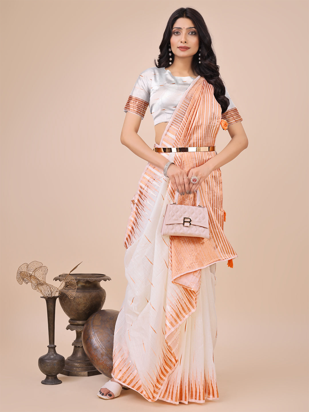 Elegant White Linen Cotton Saree with Copper Zari Pallu and Artistic Brush Pattern โ Festive & Formal Wear