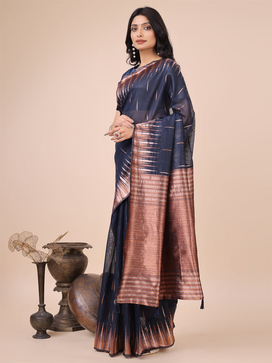 Elegant Navy Blue Linen Cotton Saree with Copper Zari Pallu and Artistic Brush Pattern – Festive & Formal Wear