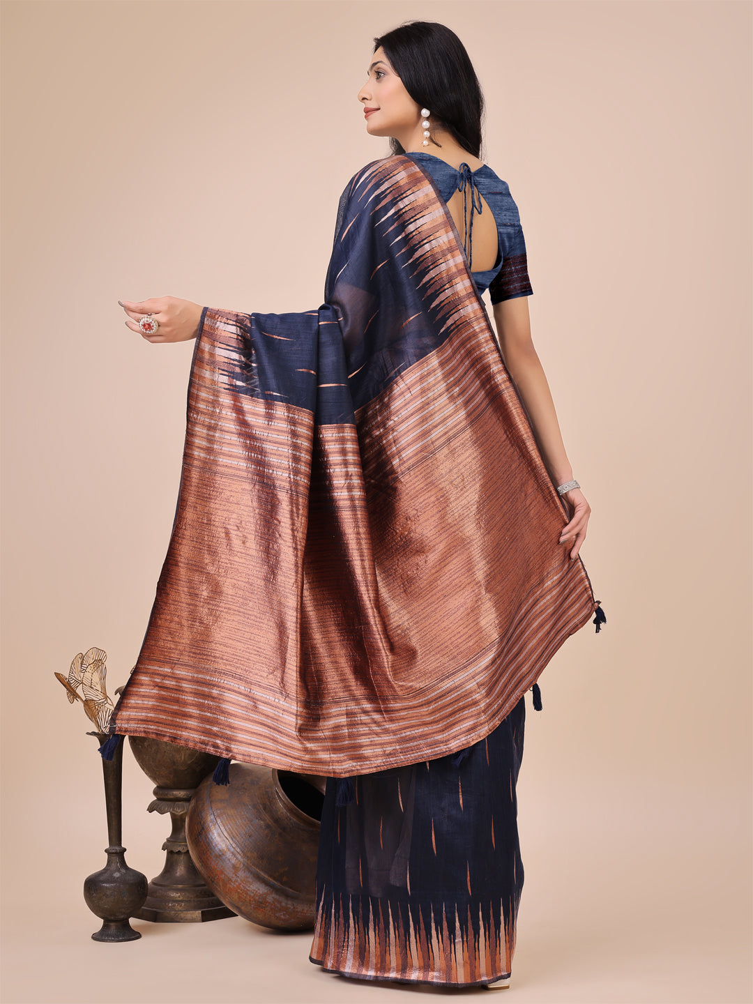 Elegant Navy Blue Linen Cotton Saree with Copper Zari Pallu and Artistic Brush Pattern โ Festive & Formal Wear