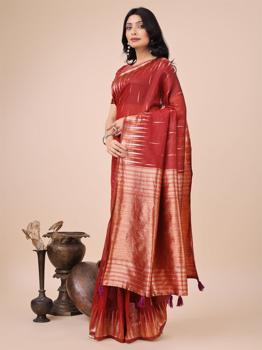Elegant Red Linen Cotton Saree with Copper Zari Pallu and Artistic Brush Pattern – Festive & Formal Wear