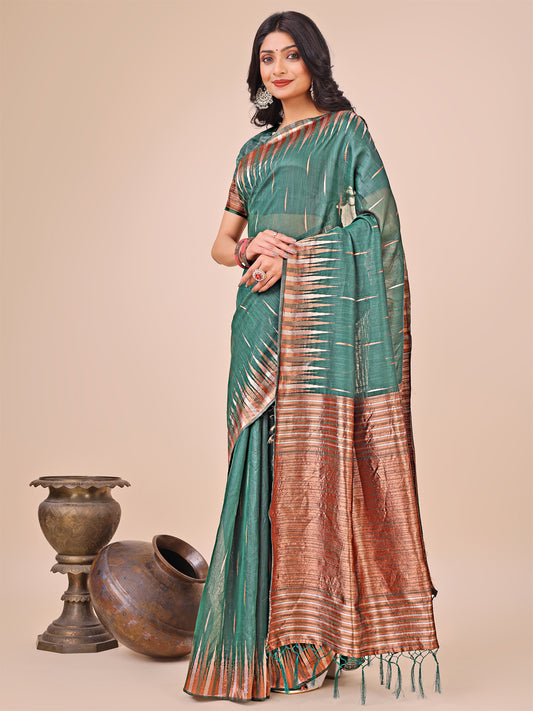 Elegant Green Linen Cotton Saree with Copper Zari Pallu and Artistic Brush Pattern – Festive & Formal Wear