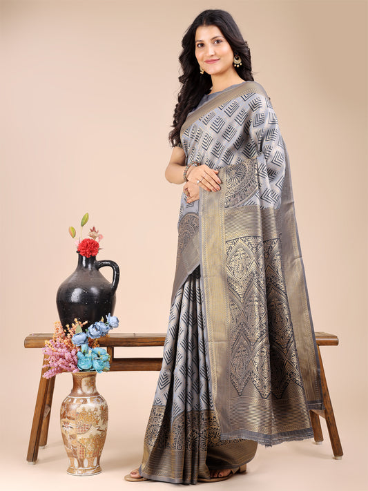 Astita Elegant Grey and Gold Silk Saree – Graceful Artistry with Contemporary Charm