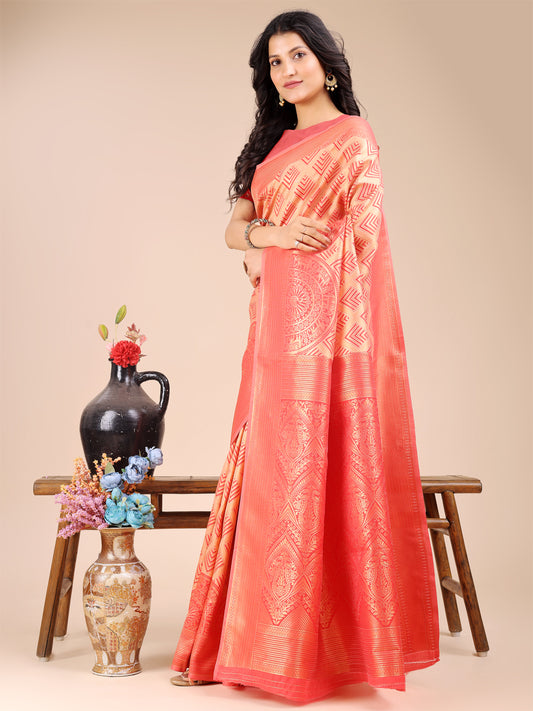 Astita Elegant Peach and Red Silk Saree – Graceful Artistry with Contemporary Charm
