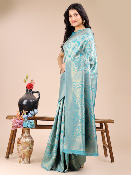 Astita Elegant Sea Green and Blue Silk Saree – Graceful Artistry with Contemporary Charm