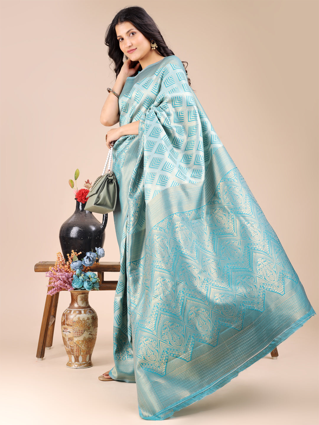 Astita Elegant Sea Green and Blue Silk Saree – Graceful Artistry with Contemporary Charm