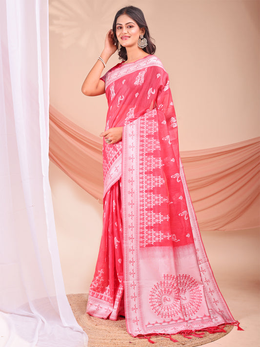 Astita Red & White Inspired Linen Cotton Saree for Women | Light, Soft, Ethnic Saree for Pooja, Office & Gifting