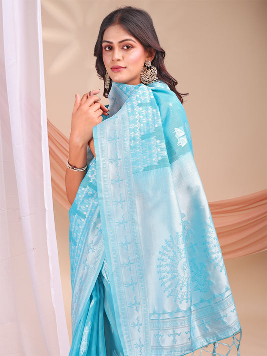 Astita Sky Blue & White InspiSky Blue Linen Cotton Saree for Women | Light, Soft, Ethnic Saree for Pooja, Office & Gifting
