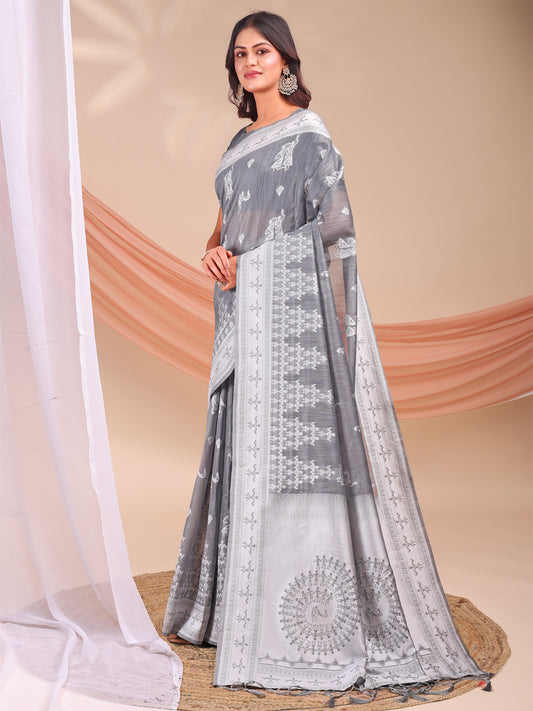 Astita Grey & White InspiGrey Linen Cotton Saree for Women | Light, Soft, Ethnic Saree for Pooja, Office & Gifting