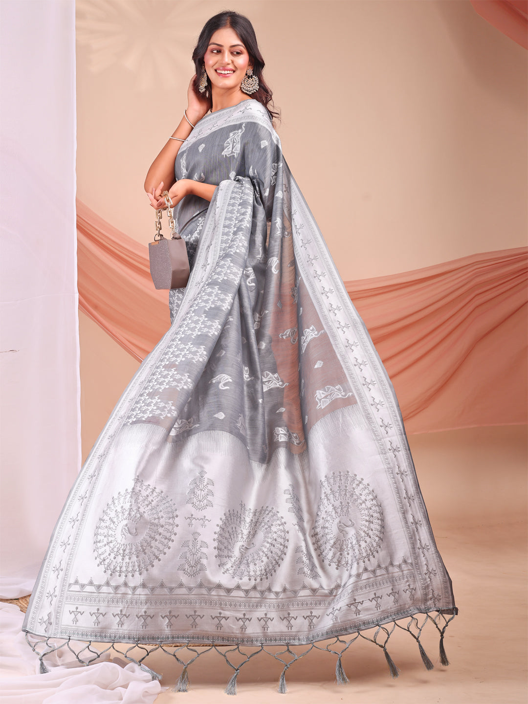 Astita Grey & White InspiGrey Linen Cotton Saree for Women | Light, Soft, Ethnic Saree for Pooja, Office & Gifting