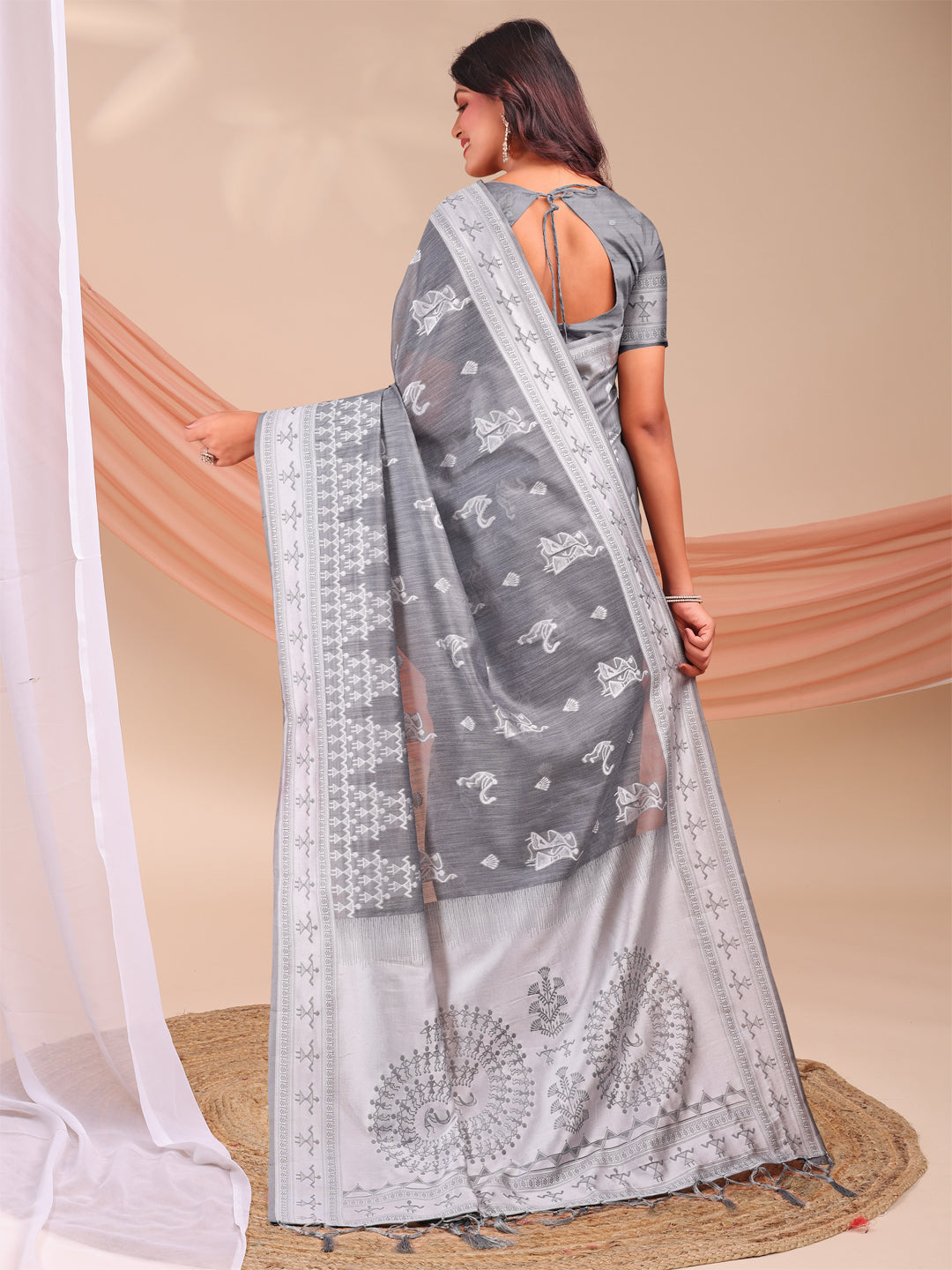 Astita Grey & White InspiGrey Linen Cotton Saree for Women | Light, Soft, Ethnic Saree for Pooja, Office & Gifting