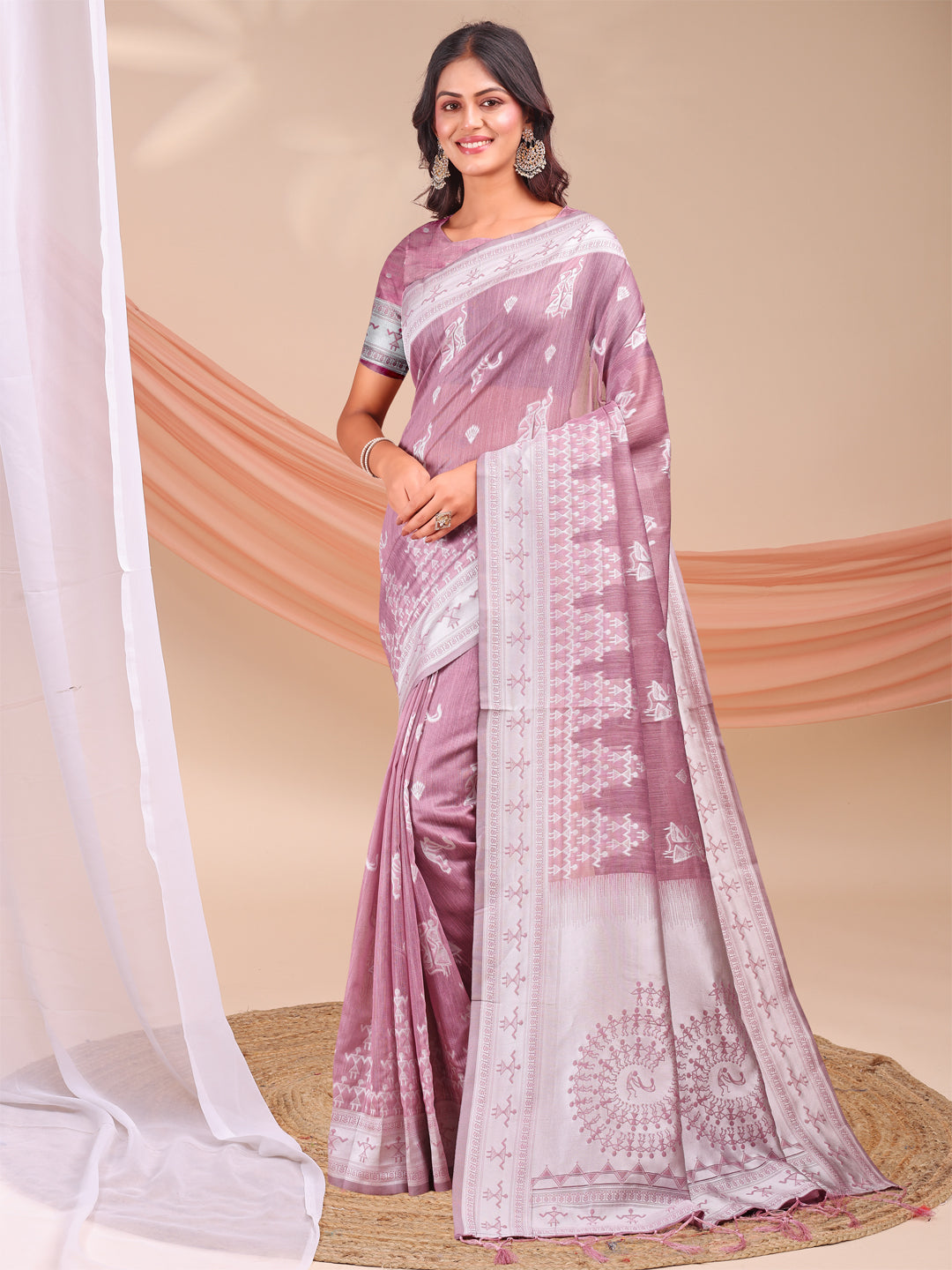 Astita Purple & White InspiPurple Linen Cotton Saree for Women | Light, Soft, Ethnic Saree for Pooja, Office & Gifting