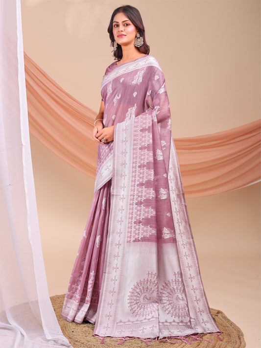 Astita Purple & White InspiPurple Linen Cotton Saree for Women | Light, Soft, Ethnic Saree for Pooja, Office & Gifting